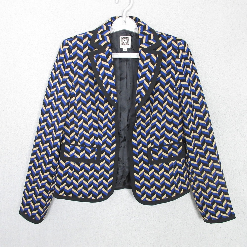 Anne Klein Womens Blue Chevron Geometric Open Front Blazer Jacket Size 2
